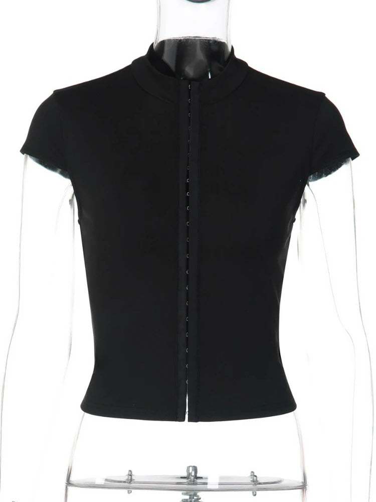 FDYOUI Y2K Streetwear Covered Buttons Black T-shirts for Women Sexy Fashion Short Sleeve Corset Ladies Slim Crop Tops Tee Shirt