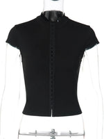 FDYOUI Y2K Streetwear Covered Buttons Black T-shirts for Women Sexy Fashion Short Sleeve Corset Ladies Slim Crop Tops Tee Shirt