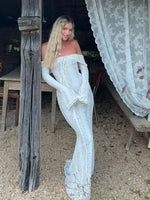 Off Shoulder White Lace Party Dress Flare Sleeve Bowknot Party Maxi Dress Sexy Elegant Summer Bodycon Vestidos Embroidery Robe