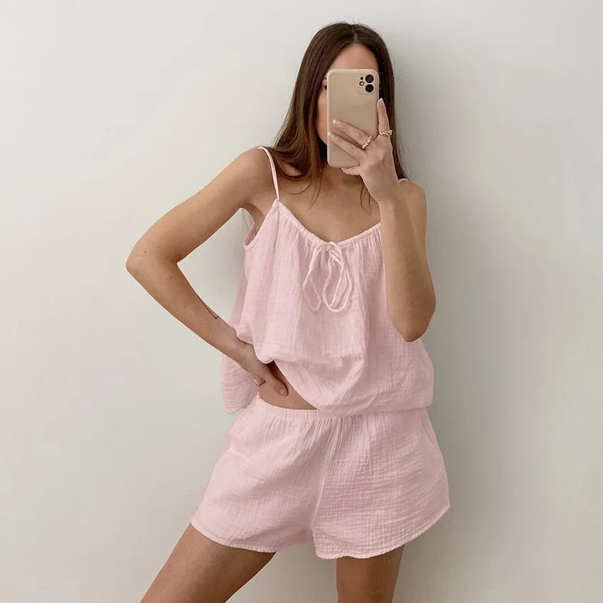 Summer New Women's Pure Cotton Pajamas and Shorts Two-Piece Set Casual and Comfortable Home Wear Pure Cotton Suspender Y2K Hot