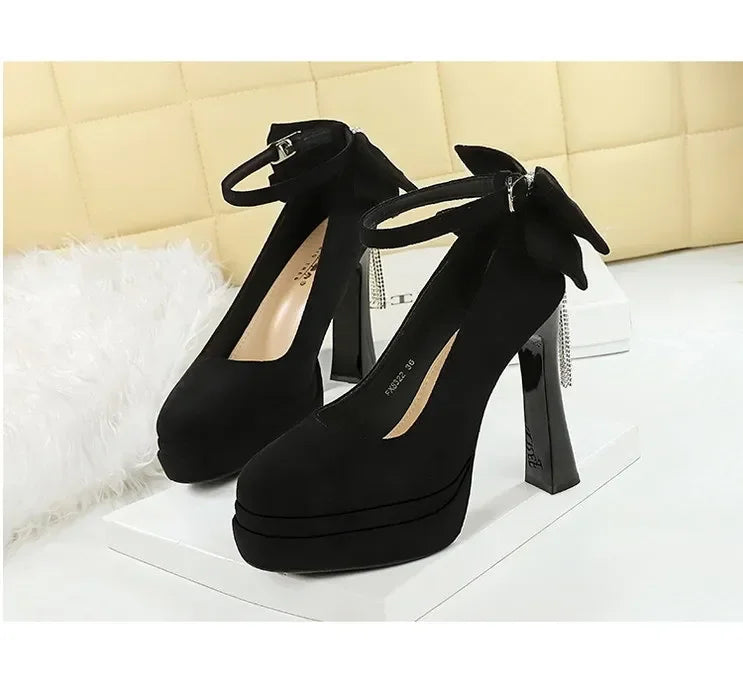 BIGTREE Women's Pointed Toe High Heels Back Bowknot Elegant Flock Ankle Strap Pumps for Women Black Dress Shoe Wedding Party