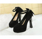 BIGTREE Women's Pointed Toe High Heels Back Bowknot Elegant Flock Ankle Strap Pumps for Women Black Dress Shoe Wedding Party