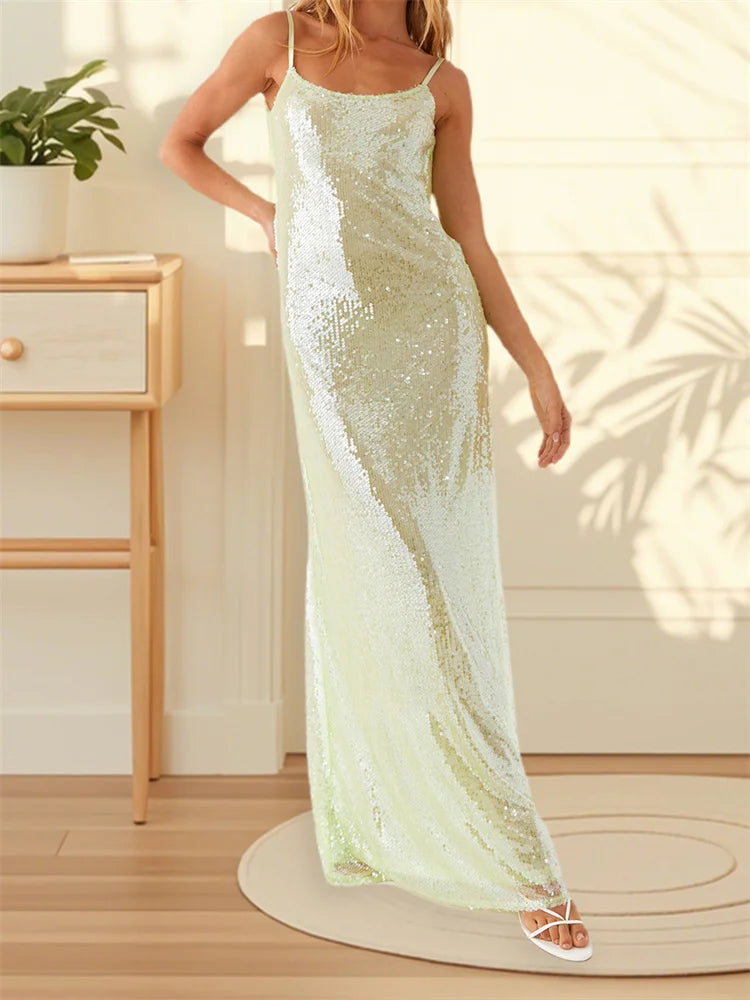 Women Shiny Sequins Dress Summer Draped Backless Spaghetti Strap Party Dress for Vacation Cocktail Beach Streetwear