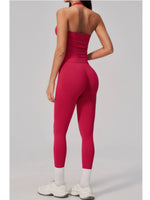 Summer Seamless Yoga Sets Women V Neck Slim Sports Tank Top Fitness Suit Peach Hip High Elasticity Leggings Running Tracksuit