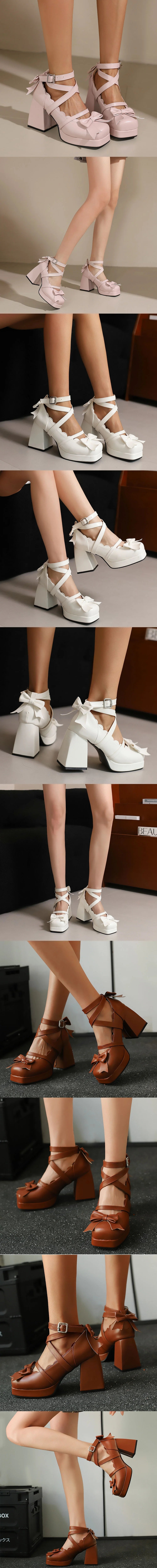 Big Size 48 Sweet Purple Mary Janes Pumps Lovely Pink Lolita 9cm Block High Heels Shoes Women Cute White Bow Knot Platform Shoes