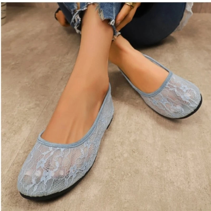 2026 Summer Fashion Lace Round Toe Shallow Flat Shoes Breathable Comfortable and Versatile New Women's Shoes