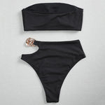 Metal Chain Ribbed Female Bandeau Swimsuit High Waist Bikini Women Swimwear Two-pieces Bikini set Asymmetric Bathing Suit Swim