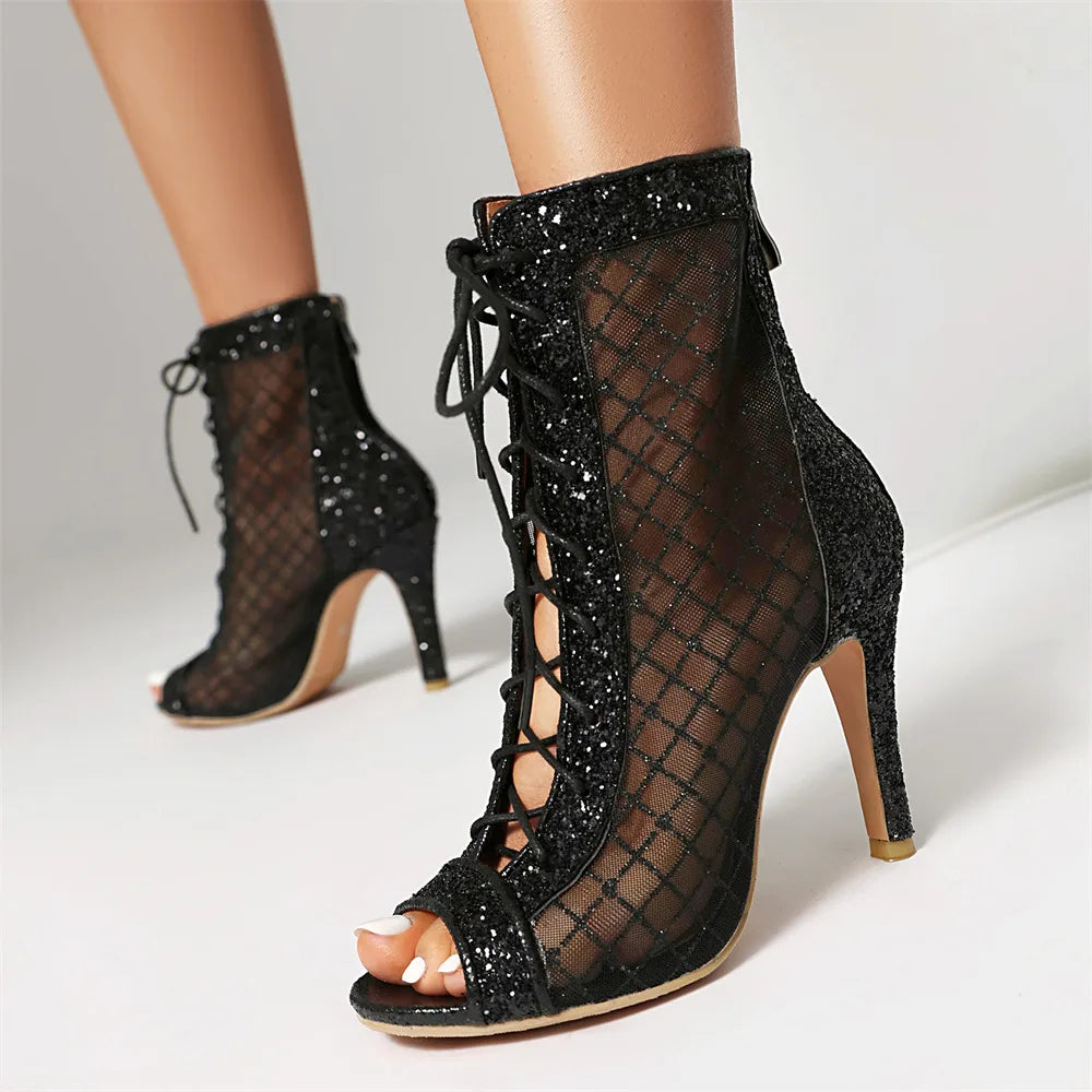 Plus Size 48 Sexy Black Sequined Summer Boots Peep Toe Cross-tied Ankle Boots Zipper Silver Thin High Heels Boots Party Shoe