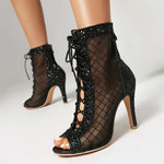 Plus Size 48 Sexy Black Sequined Summer Boots Peep Toe Cross-tied Ankle Boots Zipper Silver Thin High Heels Boots Party Shoe