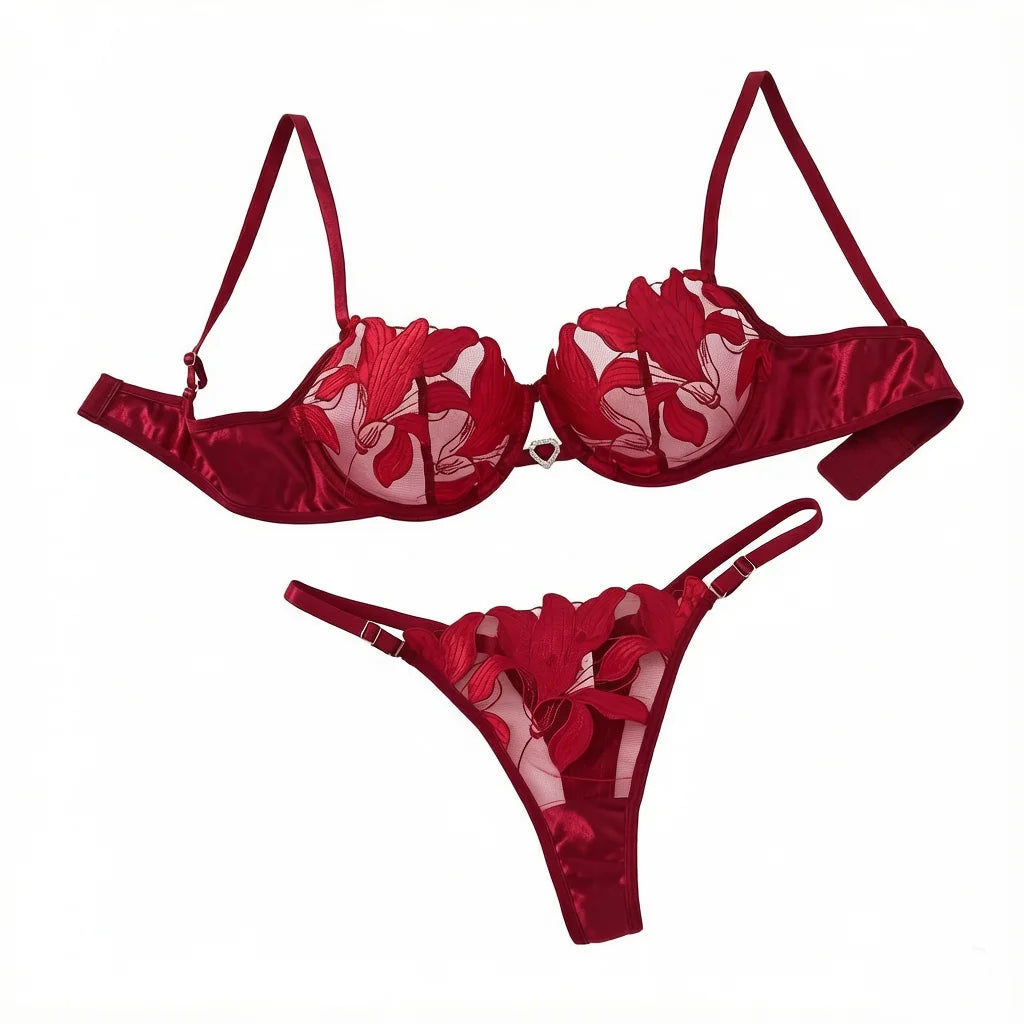 wine-red floral embroidery lingerie. French-style luxury sheer net satin bra for dates, newlyweds, and sexy duvet set. ZA824031