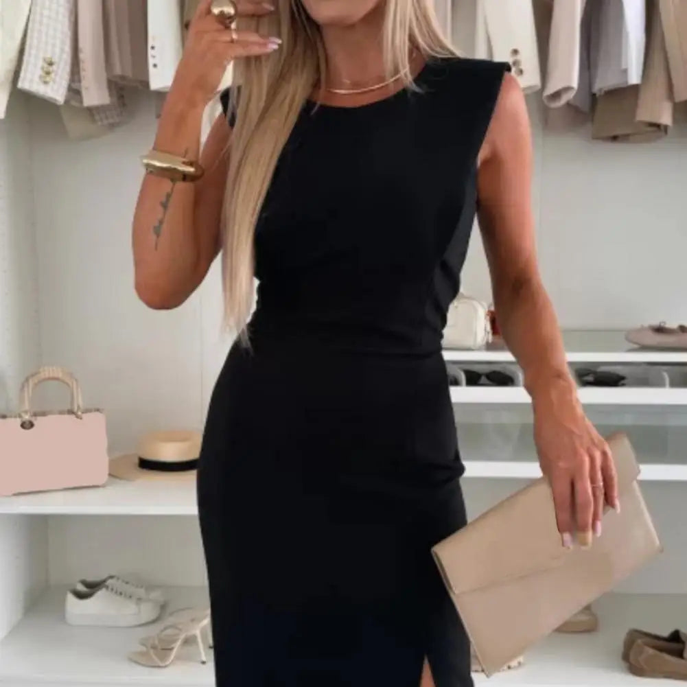 Summer Women Dress Sleeveless Round Neck Slim Fit Dress with Slit Design Midi Dress Women's Clothing Evening Party Clubwear