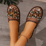 Womens Slippers Summer Mesh Breathable Shoes Flats Closed Toe Embroider Soft Bottom Chaussures