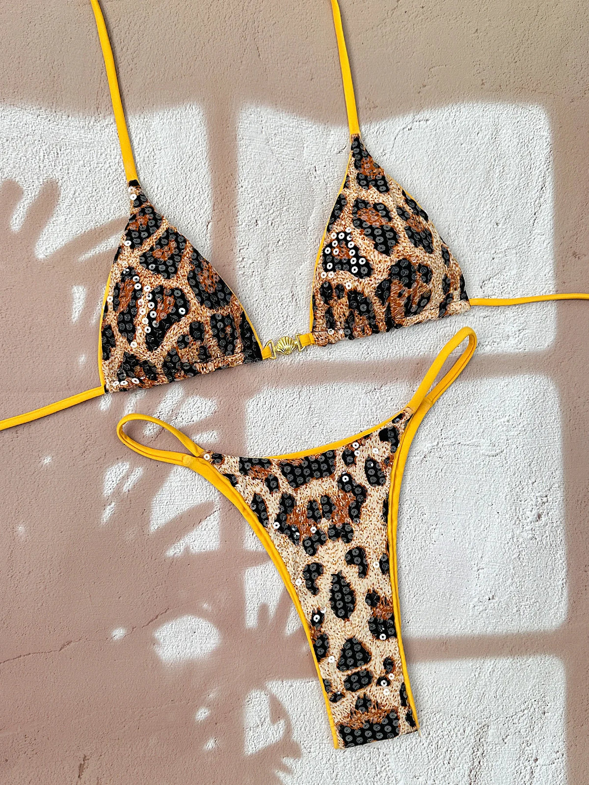 Shiny Sequin Coffee Leopard Print Bikini Set Women Halter Push Up Bra Triangle Swimsuit 2026 Beach Bathing Suit Holiday Swimwear