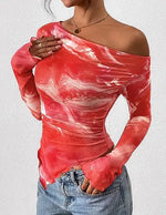 Women's Off-Shoulder Ruffled Sleeve Long-Sleeve Top with Asymmetrical Tie-Dye Mesh Asymmetrical Pleated Floral Print T-Shirt