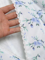 Foridol Blue Flower Print Women Tiered Mini Aummer Autumn Beach Dress Puff Sleeve Vintage Party Cotton Short Boho Lace Dress