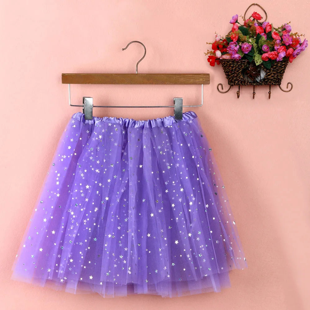 Womens Summer New Tulle Tutu Skirt Elastic Waist Silver Star Print Layered Mesh Mini Skirt Fluffy Carnival Party Dance Skirts