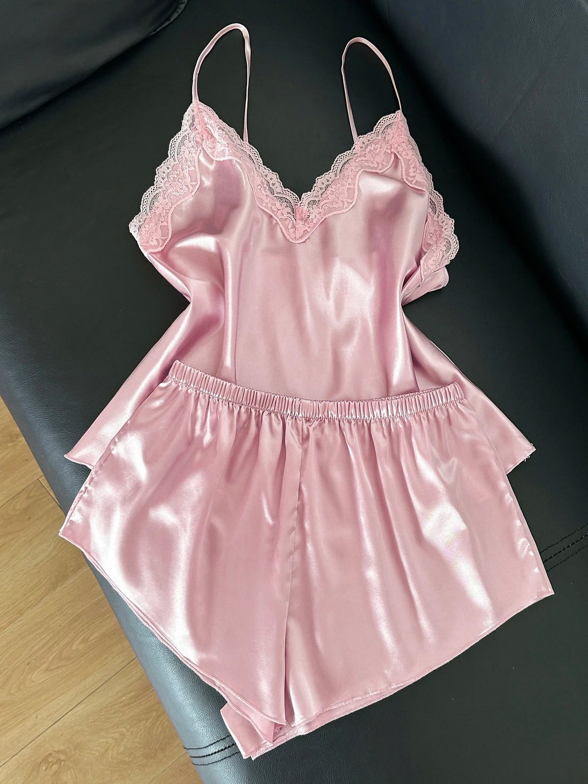 Women's 2 Piece Satin Pajama Set Pink Lace Trim V-Neck Cami Top and Shorts Elegant Sexy Sleepwear Solid Loungewear for Summer