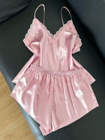 Women's 2 Piece Satin Pajama Set Pink Lace Trim V-Neck Cami Top and Shorts Elegant Sexy Sleepwear Solid Loungewear for Summer