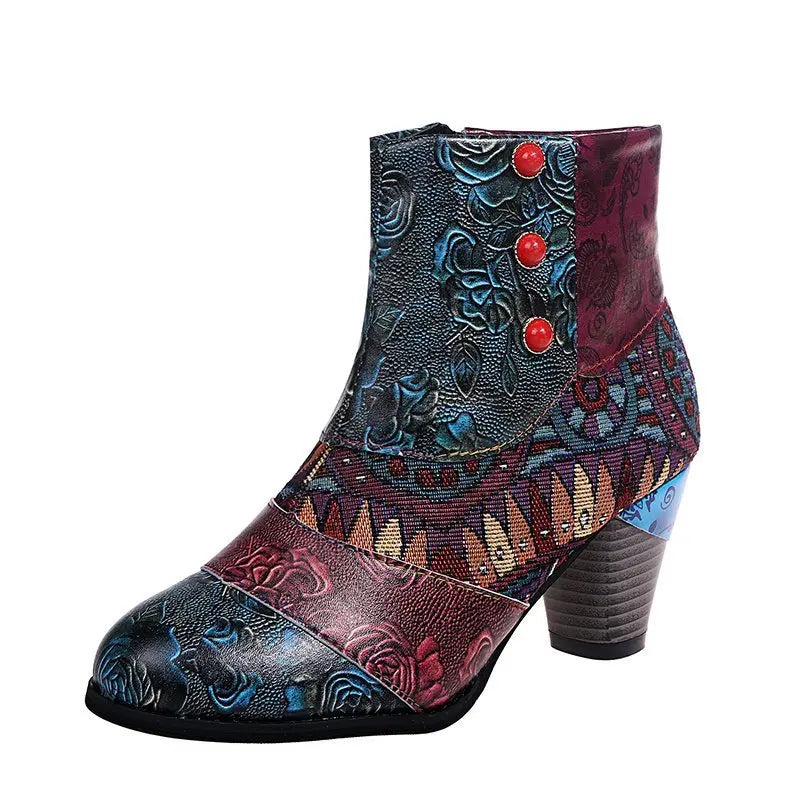 Ankle Boots Women Autumn PU Women's Shoes Ethnic Waterproof Casual Vintage Shoes Zipper High Heel Short Boots Botas Mujer