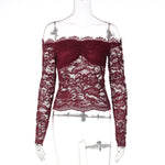 FDYOUI 2026 Spring Summer Wine Red Lace T-shirts for Women Slash Neck Slim Crop Tops Sexy Elegant See-through Short Tee Shirt