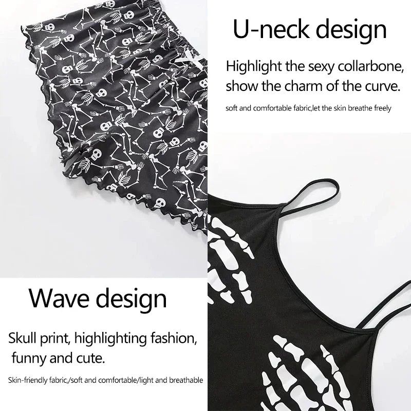 Women Sleepwear 2 PCS Pajama Set Short-Sleeved Tops and Shorts Suit Black Skull Print Soft Comfort Halloween Loungewear