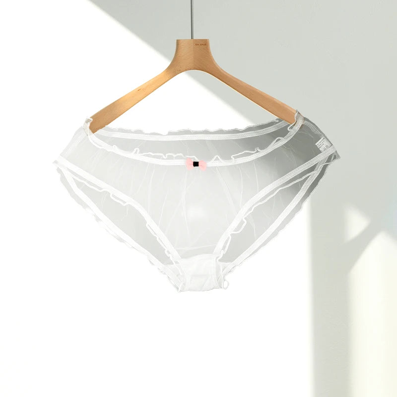 Lolita Mesh Panties Sexy Lace Briefs for Women Transparent Underwear Summer Bow Briefs Girl Low Waist Underpants Ruffle Lingerie