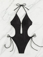 One Piece Swimsuit for Women 2024 Lace Patchwork Green Hollow Out Thong Swimwear Beach Bathing Suit Tie Side Backless Monokini