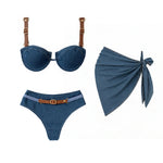 3Pcs Denim Printed Bikini 2026 Women Sexy Swimsuit Leather Strap Swimwear Bandeau Biquini Female Push Up Bathing Suit Beachwear