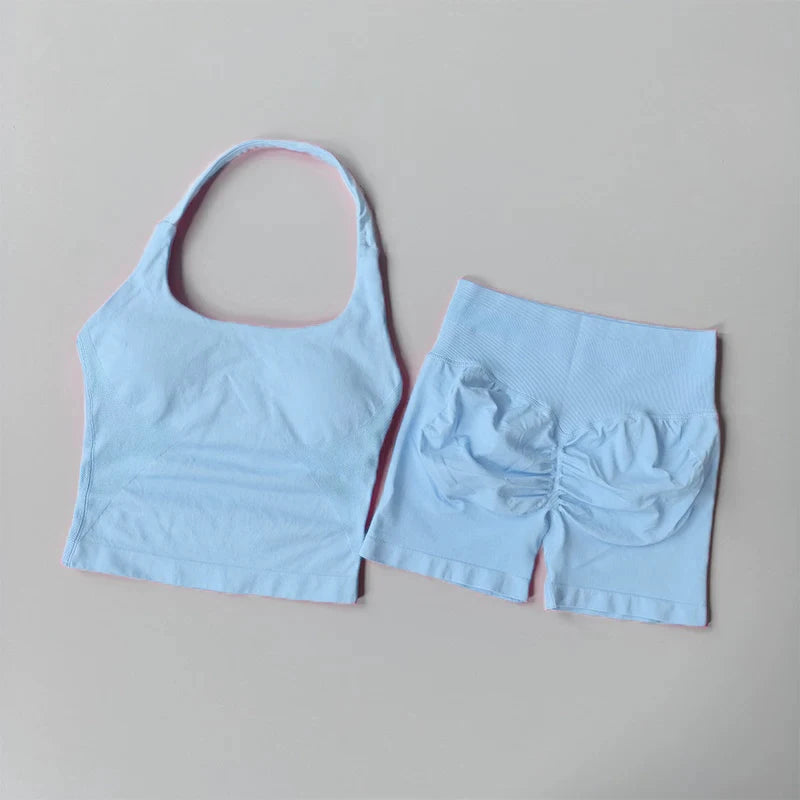 Yoga 2 Pieces Gym Set Women Backless Halter Tops High Waist Seamless Shorts Gym Suit Fitness Sports Bras Sportswear Workout Sets