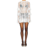 Women See Through Lace Dress Layered Flare Long Sleeve Crew Neck Ruffle Dress for Party Cocktail Club Dress Cover-ups