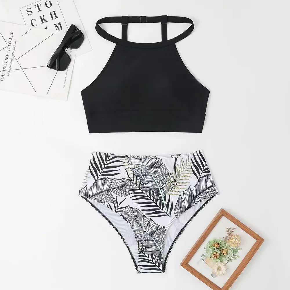 Sexy Light Purple High Waist Bikini 2024 Woman High Neck Swimsuit Female Two Pieces Swimwear Women Print Beach Wear Bathing Suit
