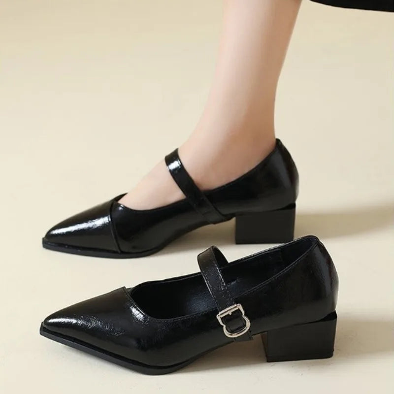 Mid-length Single Shoes Spring and Summer New Fashion Belt Buckle Pointed Toe Comfortable Shallow Toe Leather Shoes