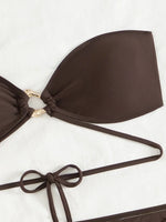 With Sarong Skirt Bandeau Bikini Women Swimwear Female Swimsuit Three-pieces Bikini Set Metal Rings Bathing Suit Swim Beachwear