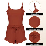 New Summer Womens Ribbed Knit Pajama Set Ruffle Trim Cami Top Drawstring Shorts Loungewear Two Piece Sleepwear Sexy Homewear