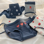 1-Pack Cute Strawberry Print Cotton Panties Sweet Striped Accents Women Low-Rise Underwear Breathable Soft Lingerie M-XL