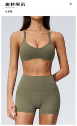 2 Piece Summer Yoga Sets for Women Hollow Back Cross Sports Bra Fitness Clothes Tight High Waist Shorts Running Workout Clothes