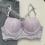 MOYISU Kawaii Heart Bra Set, Purple Lace Lingerie Sexy Pure Design, Push Up Bralette Sml Boobs Fashion Outerwear Statement Piece