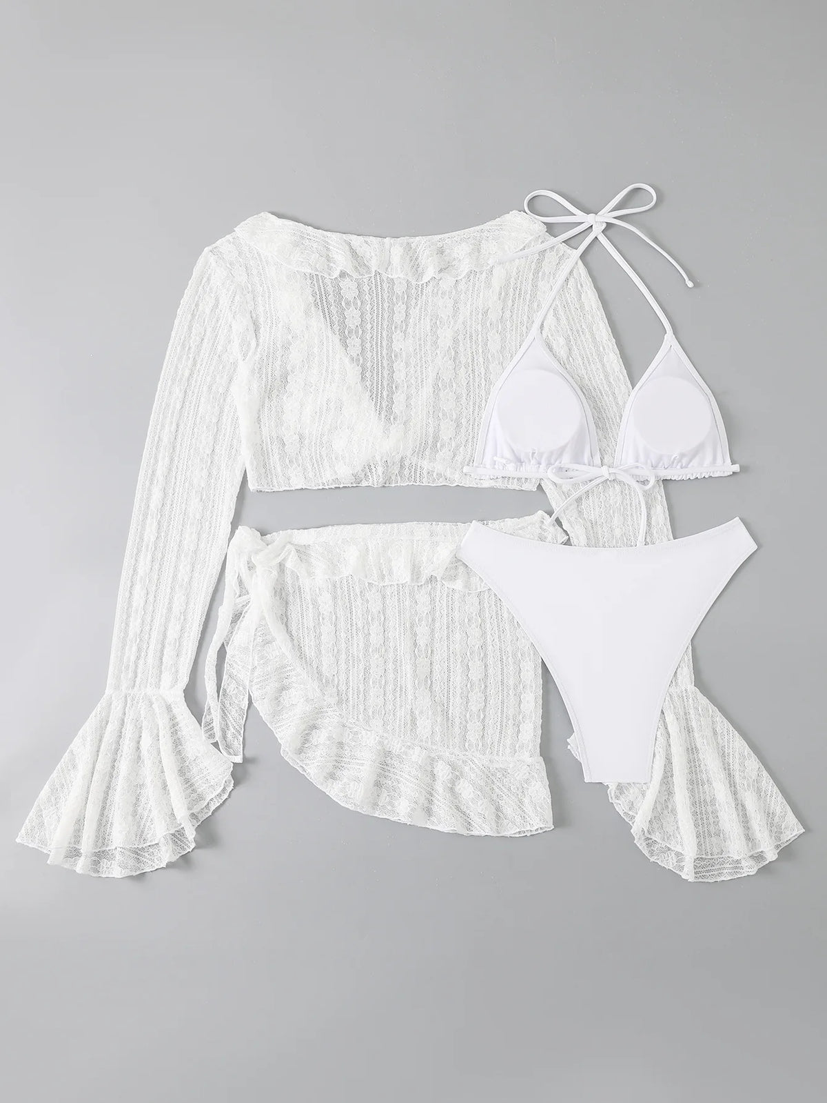 2025 4 Pieces Swimsuit with Skirt Female Swimwear Long-sleeved Cover Up Thong Bikinis Set Bather Swimming Beachwear Bathing Suit