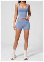 2PCS Women Yoga Sets Color Contrast Hanging Neck V Neck Slimming Sports Tank Top Flip High Waist Shorts Gym Running Fitness Suit