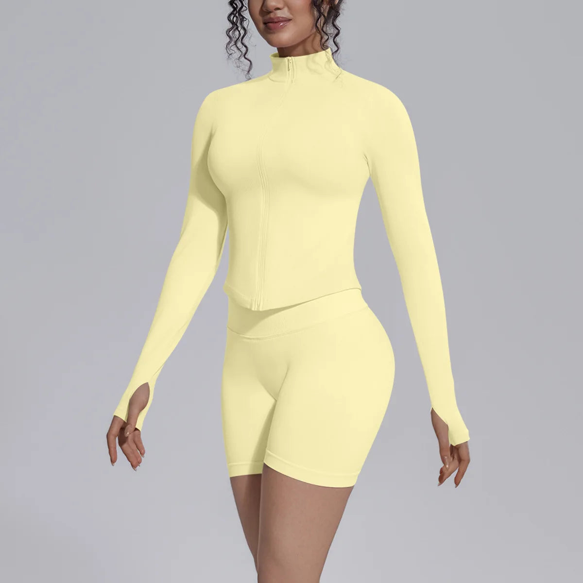 Women's Seamless Yoga Sets Sports Fitness Gym Zipper Long-Sleeve Jacket Hip Lift High-Waist Shorts Suits Workout Training Sets