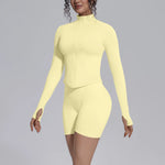 Women's Seamless Yoga Sets Sports Fitness Gym Zipper Long-Sleeve Jacket Hip Lift High-Waist Shorts Suits Workout Training Sets