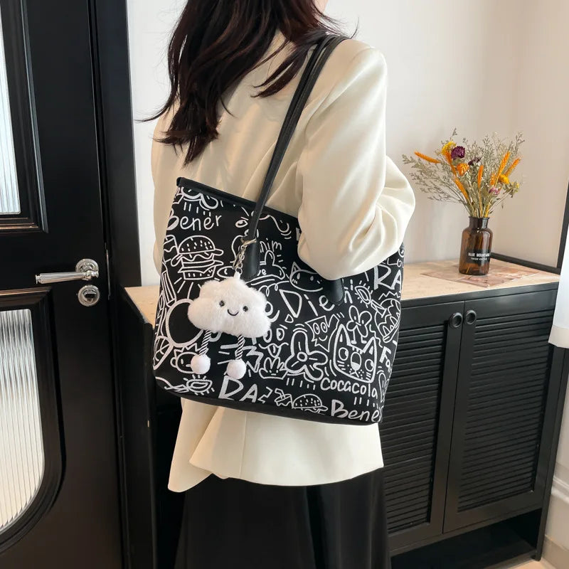 Large Capacity Printed Tote Bag, Fashion and Versatile Casual Single Shoulder Handbag with Pendant, College Style Women's Bags