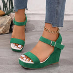 2026 New Platform Wedge Sandals Solid Color Round Headed Square BuckleHigh-heeled Sandals