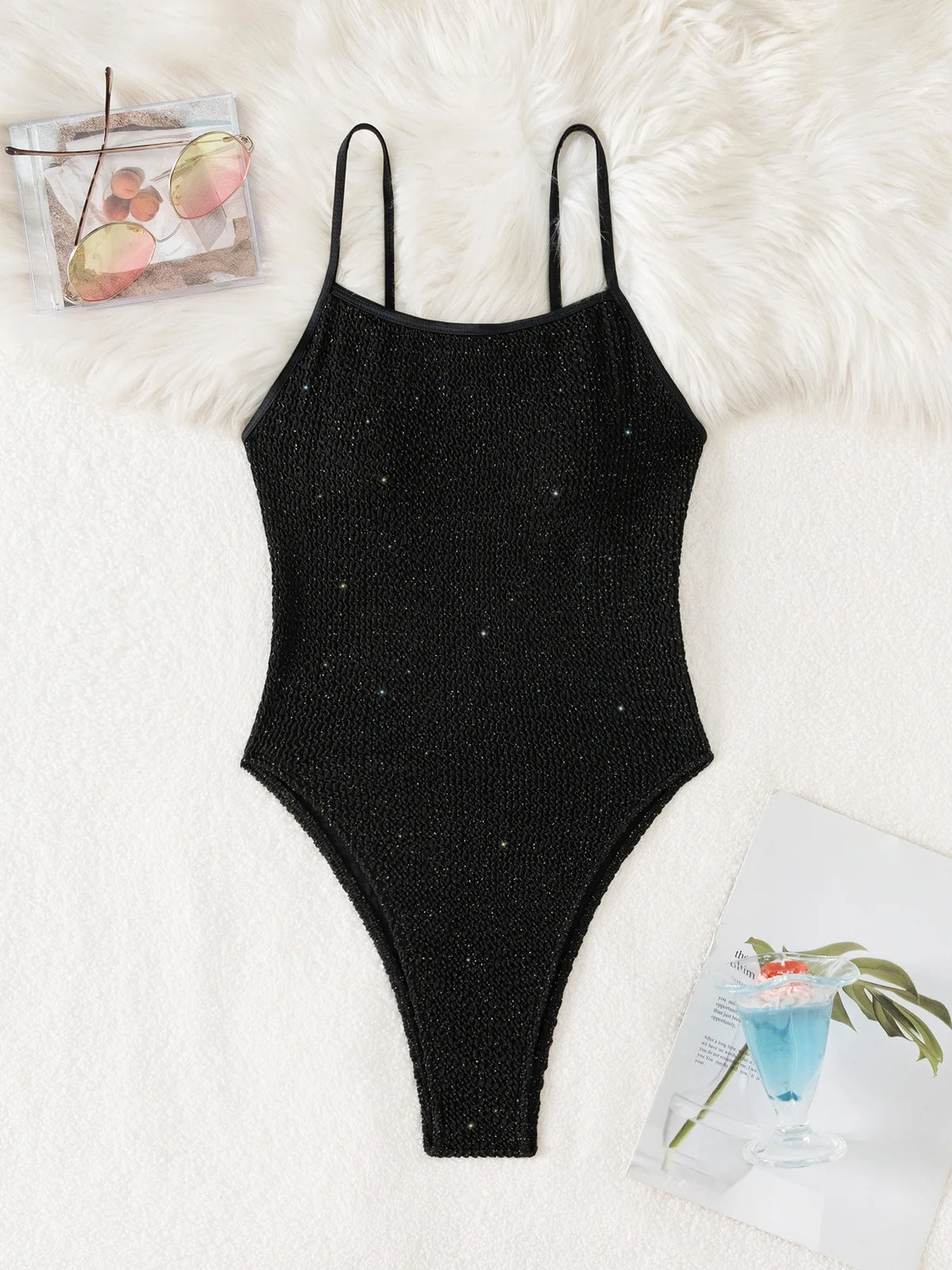 Sexy Black Shiny Sequin One Piece Swimsuit 2026 Women Halter Hollow Out Backless Thong Bathing Suits Tummy Control Swimwear