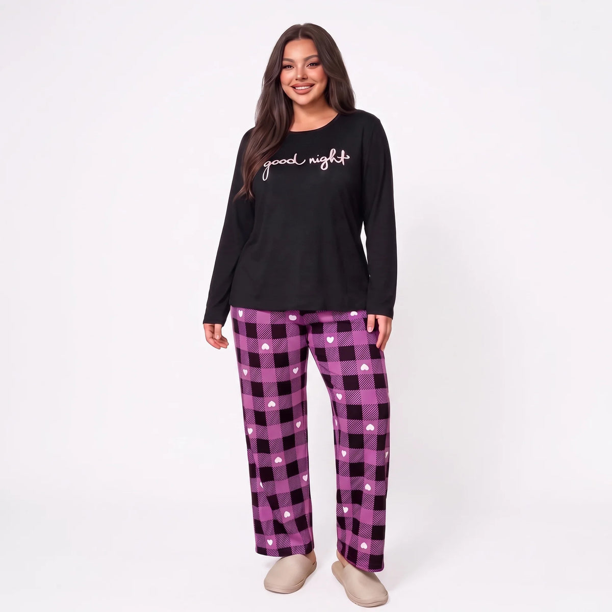 Women Plus Size Milk Silk Pajama Set Plaid Letter Print Long Sleeve Autumn Winter Ladies Casual Home Sleepwear