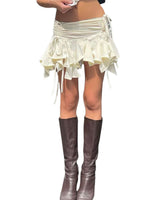 Women Solid Color Gothic Punk Irregular Skirts Summer Fashion Drawstring Tie-Up Ruched Ruffles Mini SkirtBlack/White