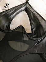 SINGREINYHalter PU Leather Sexy Bodysuits 2025 Streetwear Sensual Club Slim Lingerie Romper Hollow Out Sheer Mesh Playsuits