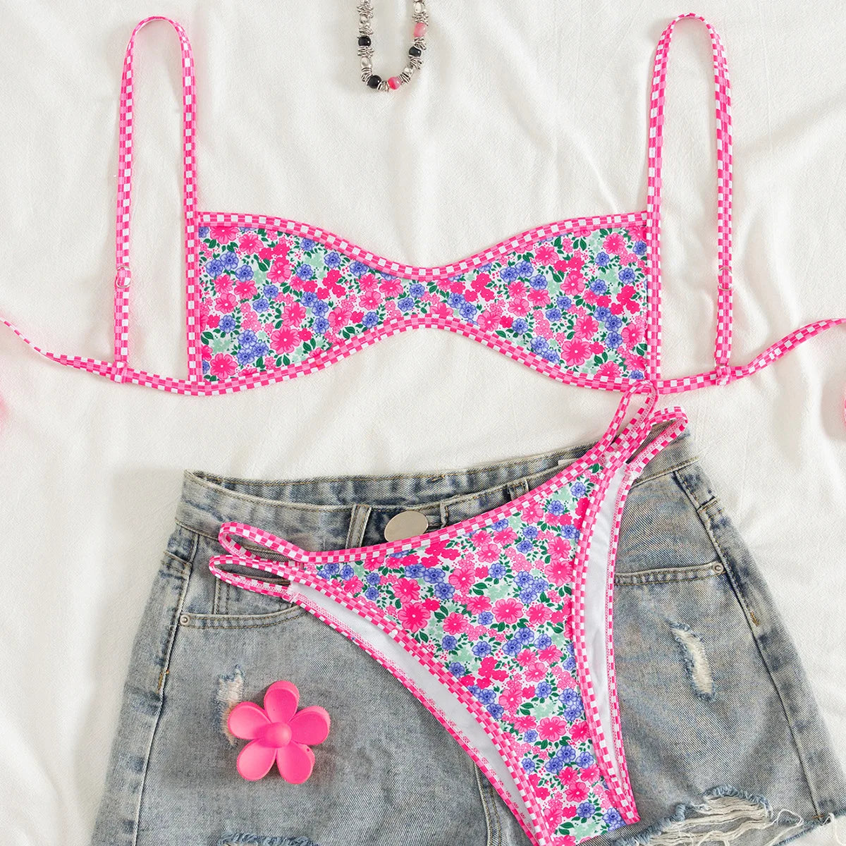 New Flowers Printed High Leg Cut Bikini Female Swimsuit Women Swimwear Two-Pieces Bikini Set Bather Bathing Suit Swim