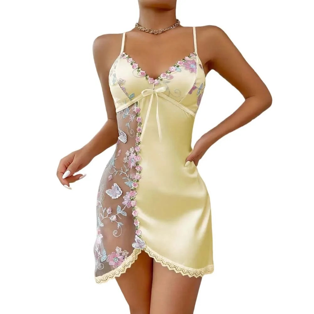 Thin Lace Bow Women's Pajama Dress Embroidered Mesh Transparent Ice Silk Suspender Nightdress Split Sleepwear