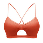 Front Hollow Out Ribbed Bralette Criss Cross Back Thin Straps Removable Chest Pads Wireless Bra Breathable Daily Underwear